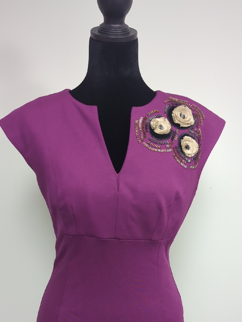 Trina Turk Purple Midi Sheath Dress with Floral Shoulder Applique